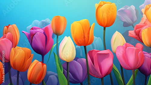 colorful tulip flowers on a blue background   reated with Generative Ai