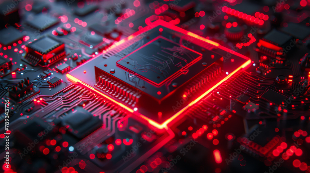 Close-up of a processor with neon red backlight. Installation of microchips, innovative methods. Technology concept. Close-up of a processor with neon red backlight. Installation of microchips, innovative methods. Technology concept.