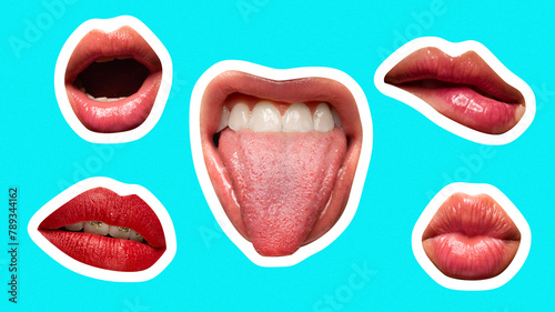 Contemporary art collage. Close-up of mouth with bright pink tongue sticking out in goofy grin. Concept of pop art, beauty, smiles, joy, laughter, positive emotion. Trendy magazine style. photo