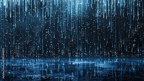 Abstract digital image of blue vertical lines on a dark background with bright spots suggesting digital rain