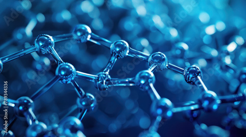 blue carbon metallic structure with molecules and blue background. scientific background photo