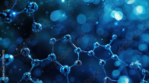 blue carbon metallic structure with molecules and blue background. scientific background photo