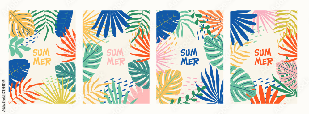 Set of colorful summer backgrounds with tropical palm leaves. Summer concept design. Botanical jungle leaves and floral frame for summer sale banners, poster, card. Modern trendy minimal design. Set of colorful summer backgrounds with tropical palm leaves. Summer concept design. Botanical jungle leaves and floral frame for summer sale banners, poster, card. Modern trendy minimal design.