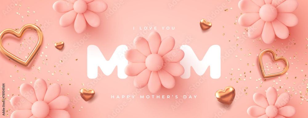 Fototapeta premium Mother's Day modern background with decor elements. 3d vector illustration.