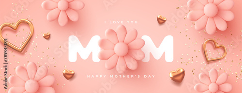 Mother's Day modern background with decor elements. 3d vector illustration.