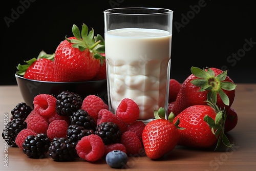 Strawberry and berries isolated milk and berries in the white background yogurt  generative IA