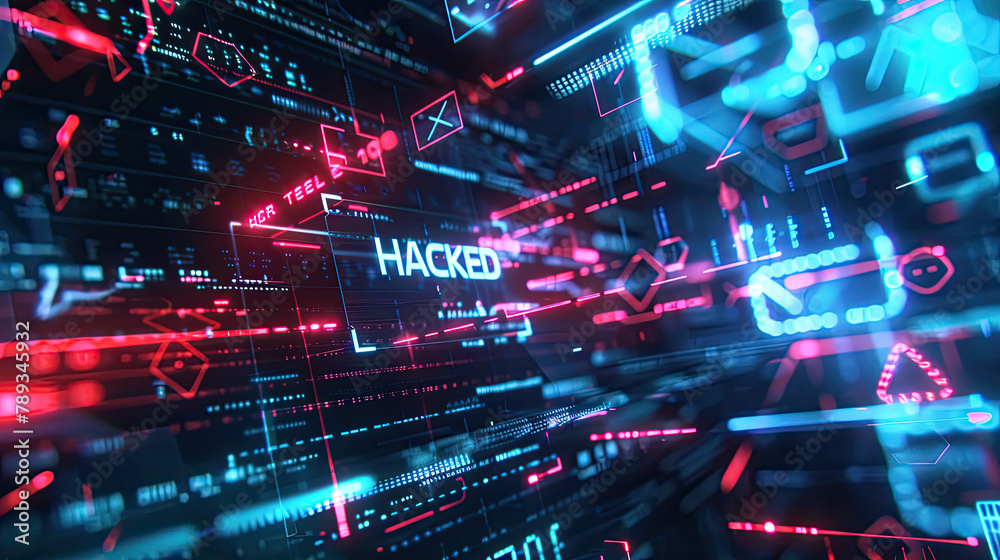 Data streams flowing out from a breached server or device, accompanied by warning symbols and hacked alerts Data streams flowing out from a breached server or device, accompanied by warning symbols and hacked alerts