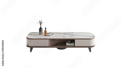 Coffee table, ultra-thin marble countertop, simple and stylish cabinet design, white background, high definition, 8k