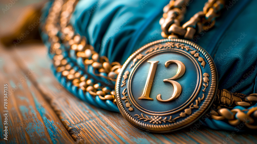 A close up of a bronze medallion with the number 13 on it laying on blue crushed velvet. A close up of a bronze medallion with the number 13 on it laying on blue crushed velvet.