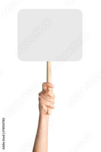Hand holding wooden stick or blank protest sign on blank background