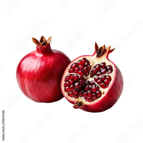Fresh pomegranate fruit. Whole ripe fruit and half isolated. Healthy diet. Vegetarian food.