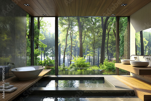 bathroom interior with swimming pool and beautiful forest view