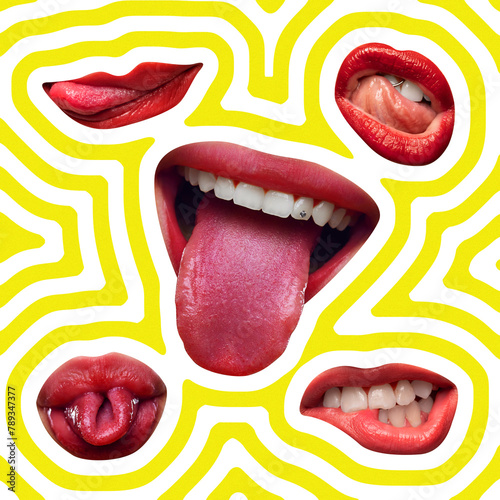 Contemporary art collage. Playful mix of mouths in pop art style. Some grin, some pout, all with colorful tongues sticking out. Concept of pop art, beauty, positive emotion. Trendy magazine style. photo