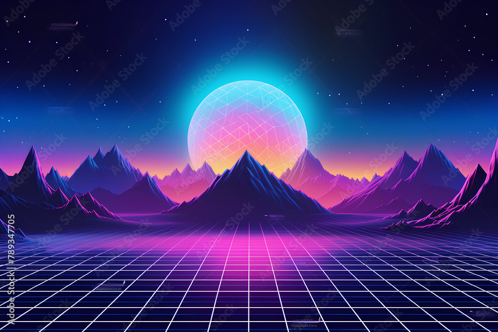 80s retro futuristic. mountain. neon. technology. fantasy