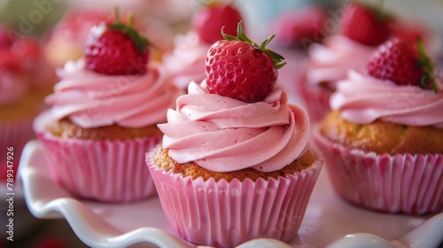 Cupcakes With Pink Frosting and Strawberries