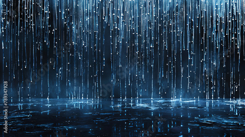 Dark blue abstract image of falling lines mimicking rain with a reflective surface below photo