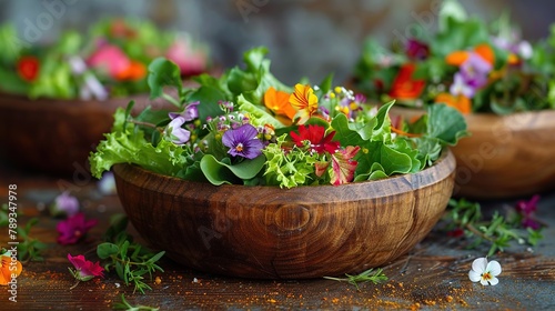 This image displays a colorful salad mix with edible flowers arranged in a wooden bowl, ideal for healthy lifestyle themes and culinary arts, perfect for food magazines and recipe websites