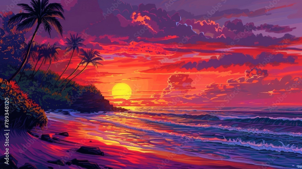 Beach sunset clipart painting the sky with vibrant colors.