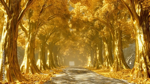 A long road through a forest of golden trees