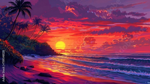 Beach sunset clipart painting the sky with vibrant colors.