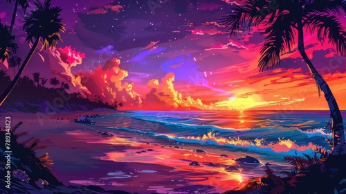 Beach sunset clipart painting the sky with vibrant colors.