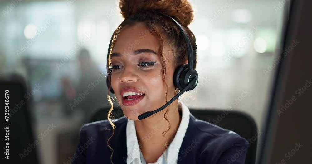 Happy woman, consultant and call center with headphones for online advice, support or customer service at office. Female person, employee agent or virtual assistant consulting with headset for help