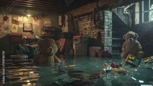 A basement play area with games and stuffed animals floating in dark water, the space claustrophobic and filled with rising damp photo