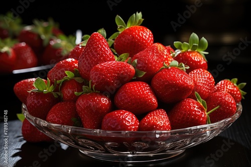 Superior view of fresh red strawberries inside and out of the plate in white light  generative IA