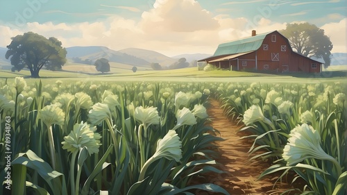 A stylized rendering of a close up of leeks growing on a farm, with a dreamy and ethereal quality that transports the viewer to a peaceful and idyllic countryside.