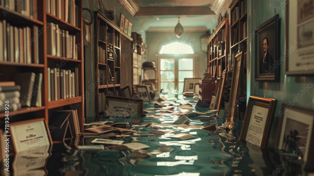 A hallway lined with bookshelves, books tumbling into the water, personal mementos and framed certificates floating by.