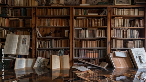 A home library with shelves partially submerged, rare books and manuscripts floating and swelling in the floodwater
