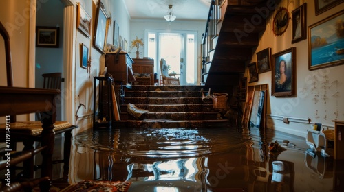 A staircase in a home with water halfway up, family portraits on the wall partially submerged, and decorative items floating past