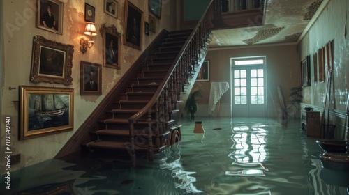 A staircase in a home with water halfway up, family portraits on the wall partially submerged, and decorative items floating past