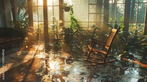 A sunroom with floor-to-ceiling windows showing the extent of outdoor flooding, indoor plants and a rocking chair floating in the eerie light photo