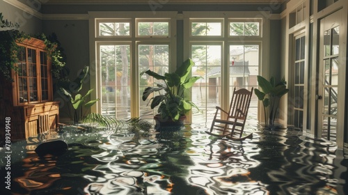A sunroom with floor-to-ceiling windows showing the extent of outdoor flooding, indoor plants and a rocking chair floating in the eerie light photo