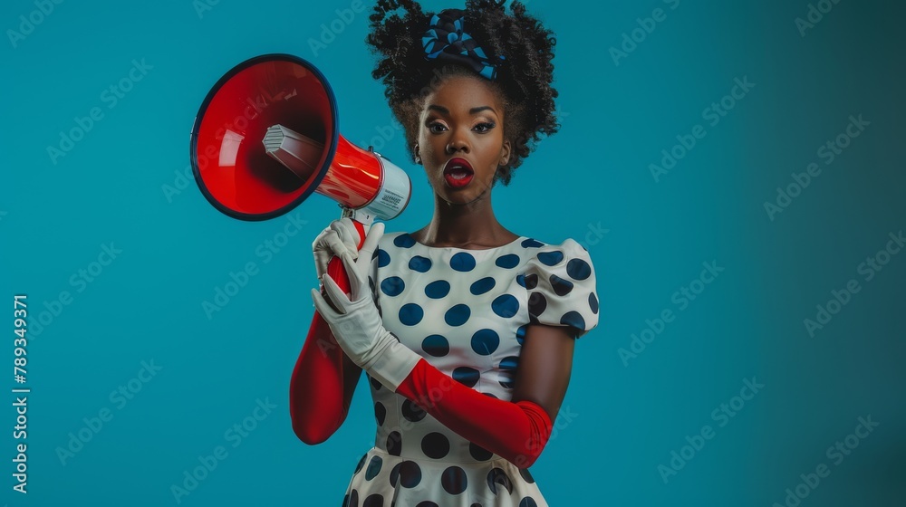 Woman with Megaphone Making Announcement - obrazy, fototapety, plakaty 