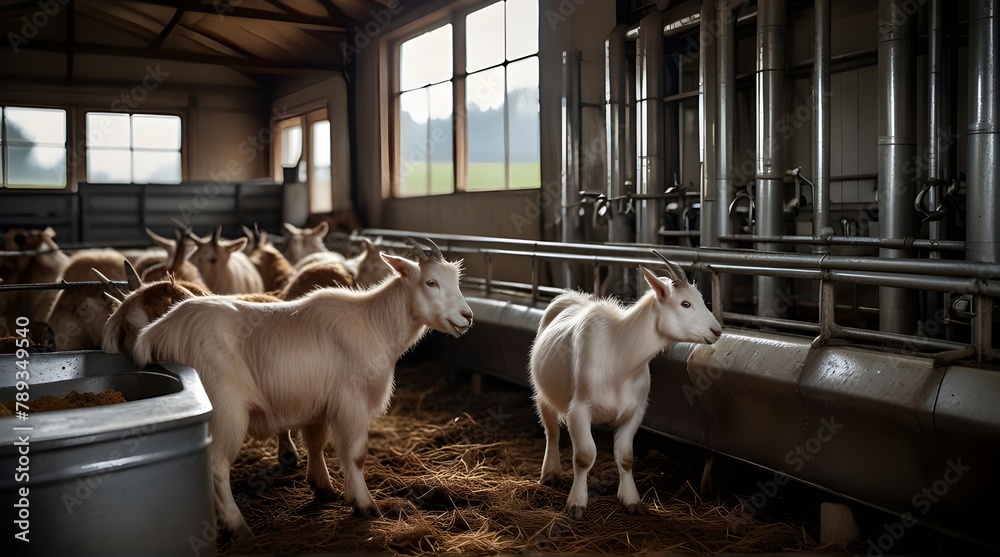 Farm-to-table: Farmers contribute fresh milk, igniting the cheese-making process in a bustling factory.generative.ai - obrazy, fototapety, plakaty 