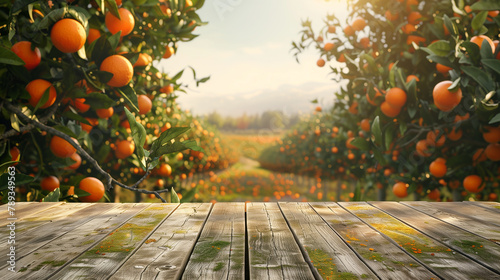 A wooden table with a bunch of oranges on it. The oranges are in different stages of ripeness, with some still green and others already orange. The table is surrounded by a field of orange trees photo