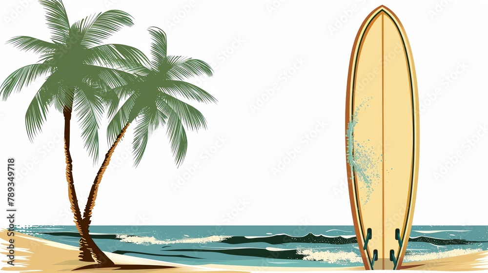 Surfboard clipart leaning against a palm tree