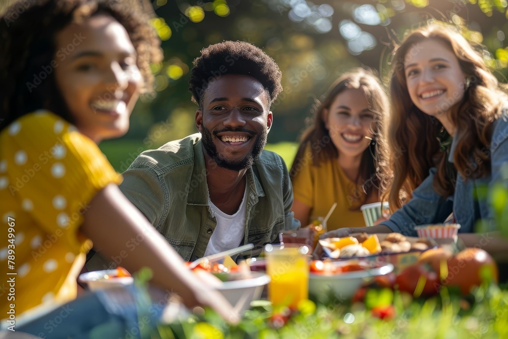 diverse group of happy friends enjoying picnic in sunny park candid portrait