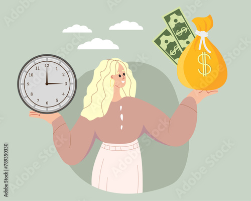 Make Choice, Decision Concept. Puzzled Business Woman Setting Priorities Watches and Money, Doubting, Deciding. Analysing Two Options. Vector illustration