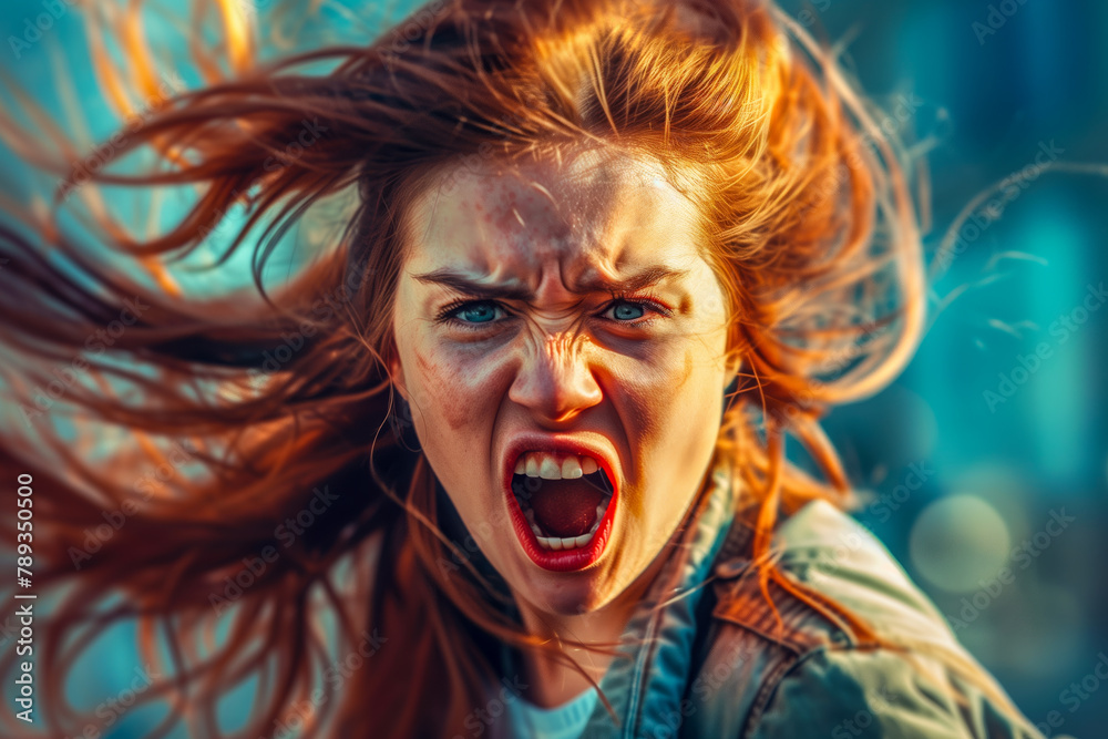An enraged angry woman yelling with her hair blowing in the wind