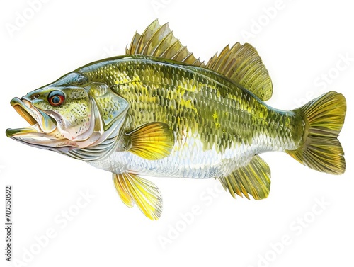 A largemouth bass fish, with a green body and yellow fins, viewed from the side.