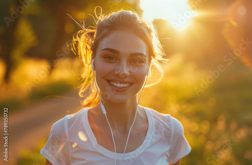 Beautiful smiling woman jogging outdoors, wearing earphones and white tshirt, sunlight and bokeh background