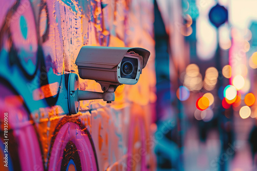 Close-Up Security Camera on Graffiti Wall. Close-up of security camera on graffiti wall at dusk with vibrant city lights.