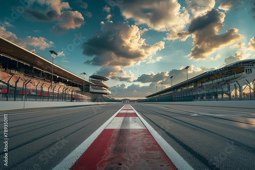 dramatic perspective of a racing circuit starting straight with grandstand and start lights