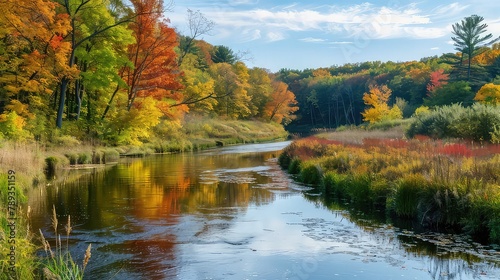 A serene river winding its way through a peaceful valley, bordered by vibrant foliage that reflects in the calm waters.
