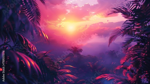 A vibrant sunset over a lush  mystical jungle with vivid purple and pink hues casts a serene glow.