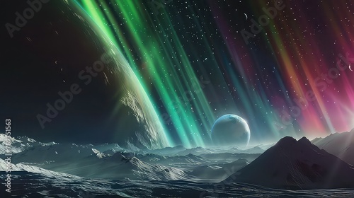 A serene scene of a planet and its moons suspended in the darkness of space, with colorful auroras dancing across the planetary surface.