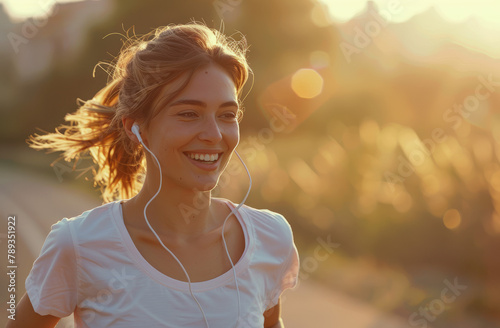 Beautiful smiling woman jogging outdoors, wearing earphones and white tshirt, sunlight and bokeh background